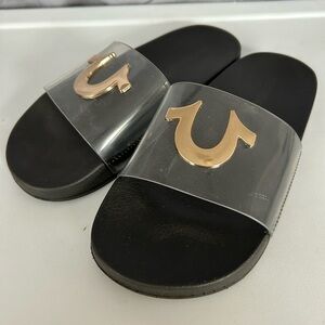 True Religion Men's Black Slides with Gold Logo